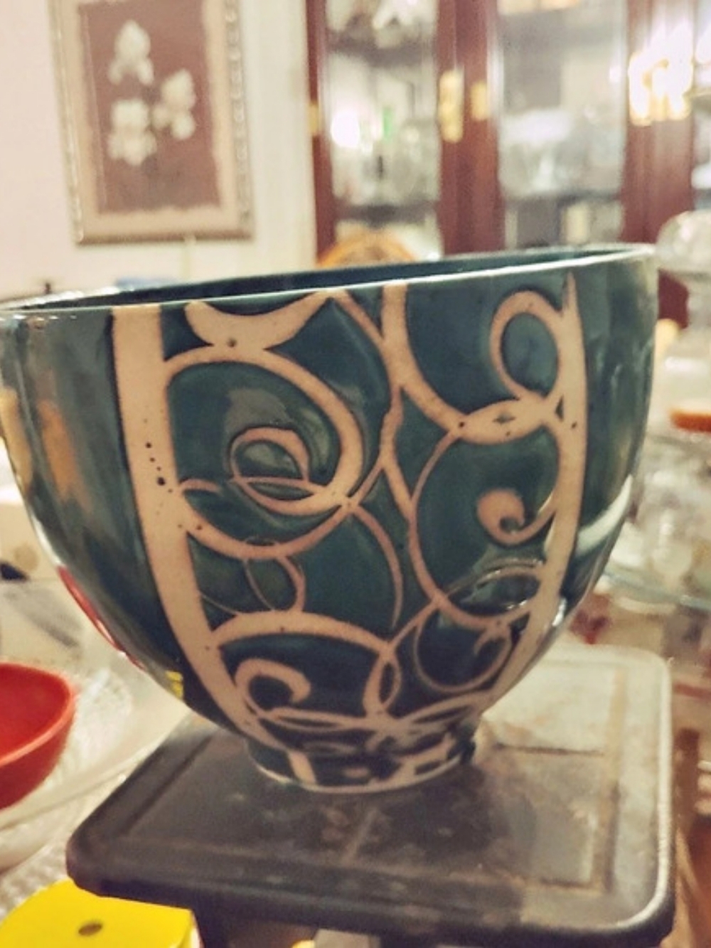 Hand-Painted Green & Brown Ceramic Bowl